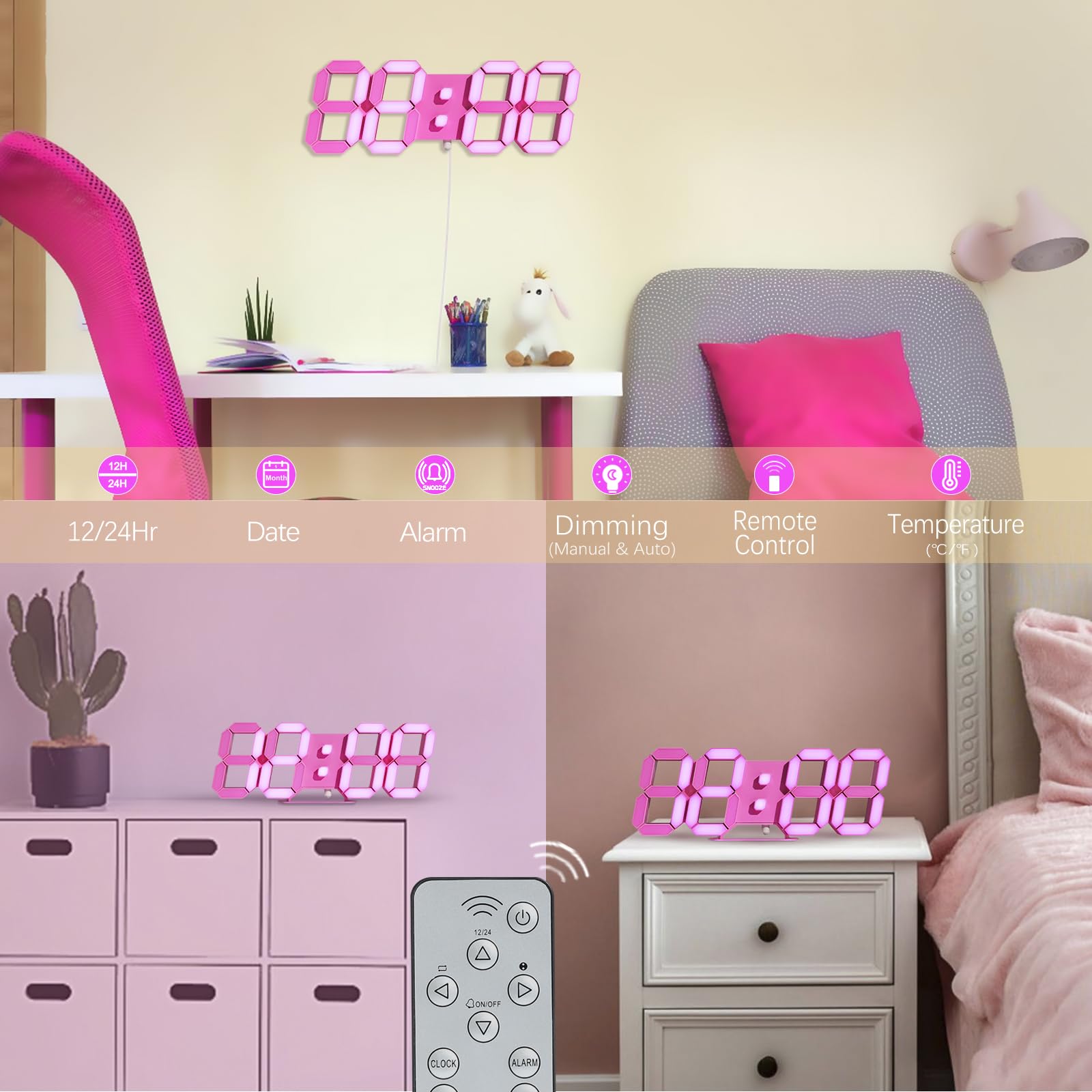 LED 3D Wall Clock 9.7" Clock with Remote/Dimming/12/24H/Temp/Alarm Clock/Date