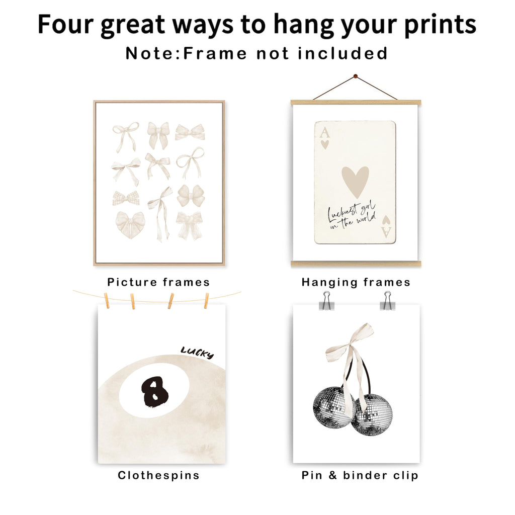Set of 4 Coquette Preppy Wall Art Prints â€?8x10 Unframed Posters Featuring Bow, Disco, 8-Ball, and Cherry Designs Room Decor