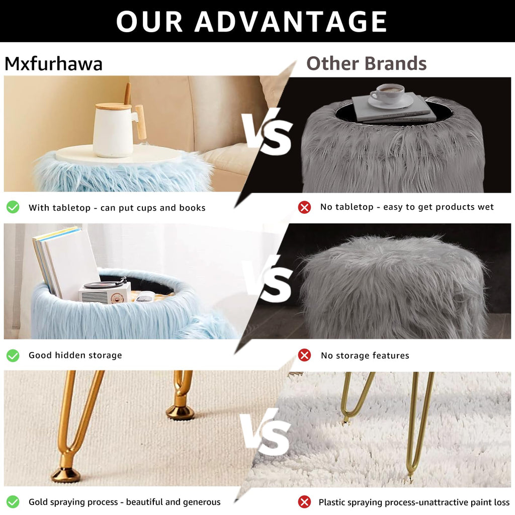Faux Fur Storage Ottoman Round Furry Vanity Stool Marble Grain Tray Coffee Table Compact Footrest Stool with 4 Metal Legs Soft Makeup Seat Foot Stools for Living Room Bedroom Entryway