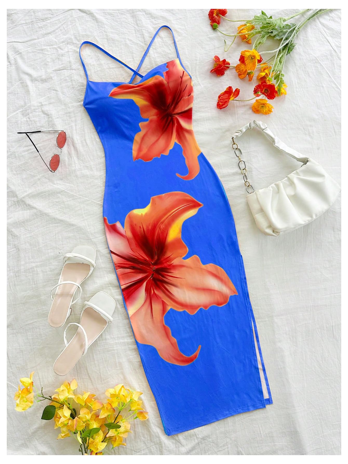 Women's Floral Print Split Thigh Bodycon Dress Criss Cross Skinny Long Cami Dresses