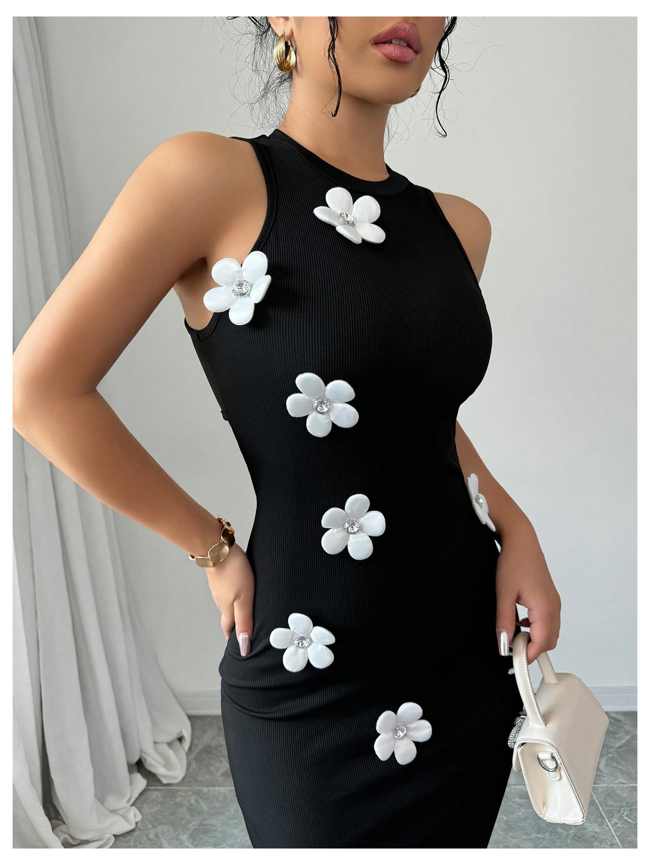 Women's 3D Flower Long Dress Cut Out Back Bodycon Sleeveless Elegant Maxi Dres