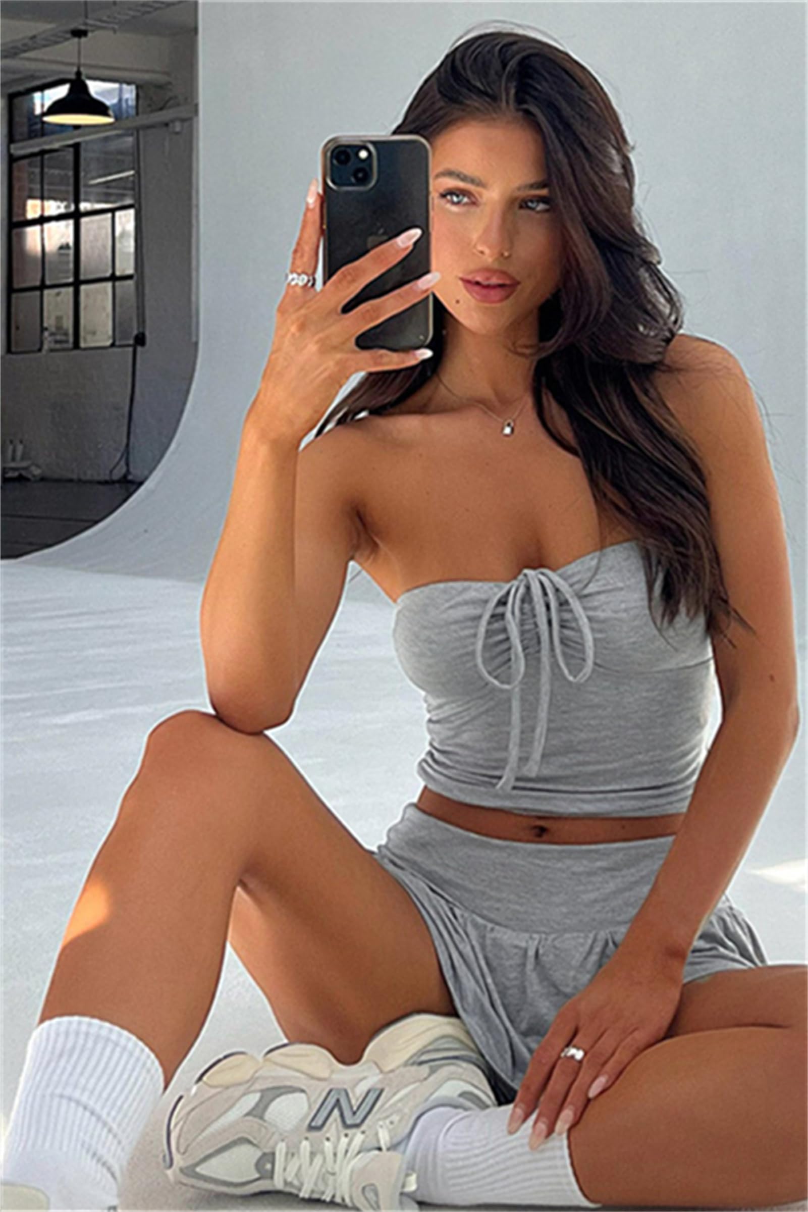 Women Sexy Summer 2 Piece Sets Drawstring Ruched Crop Tube Top Low Rise Ruffle Mini Skirts Sets Y2k Outfits