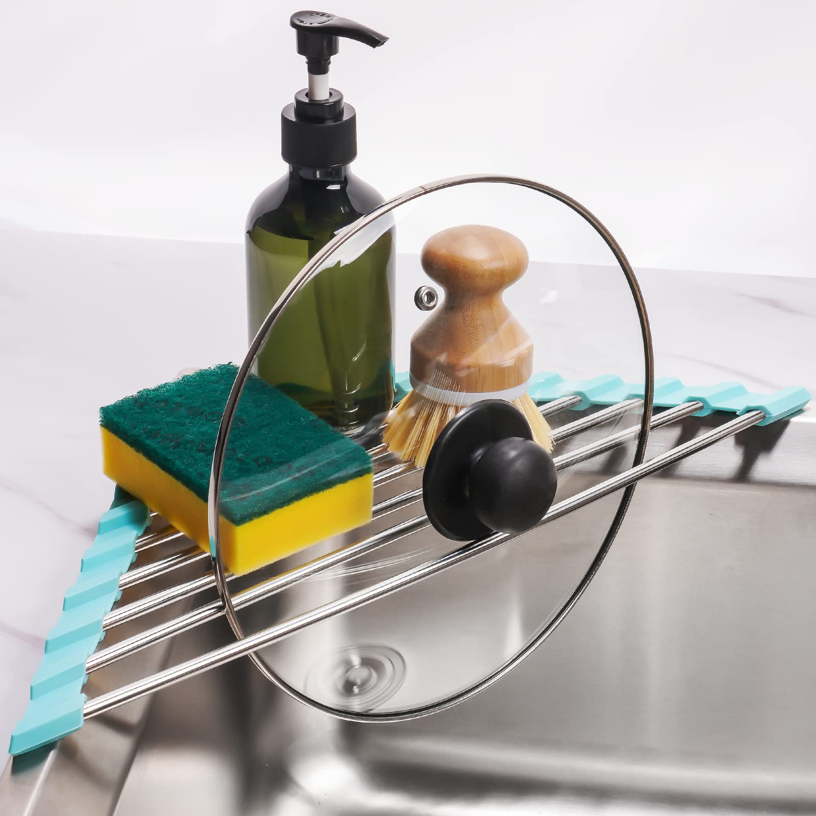 Triangle Foldable Dish Drying Rack, Small Roll-Up - Stainless Steel Over Sink Drainer for Kitchen Sink Corner, Rustproof