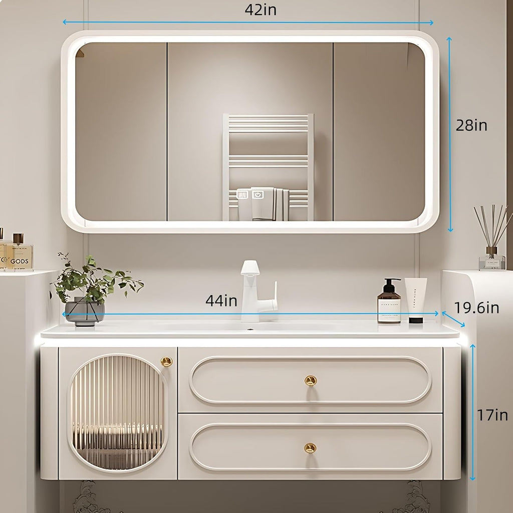 Wall-Mounted Bathroom Vanity Set - Included Single Sink, Contemporary Bathroom Vanity Featuring an Intelligent LED Defogging Mirror Cabinet & Ample Storage, Solid Wood Construction