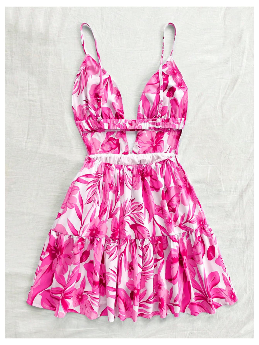 Women's Sleeveless Butterfly Print Cut Out V Neck Tiered Mini Cami Dresses