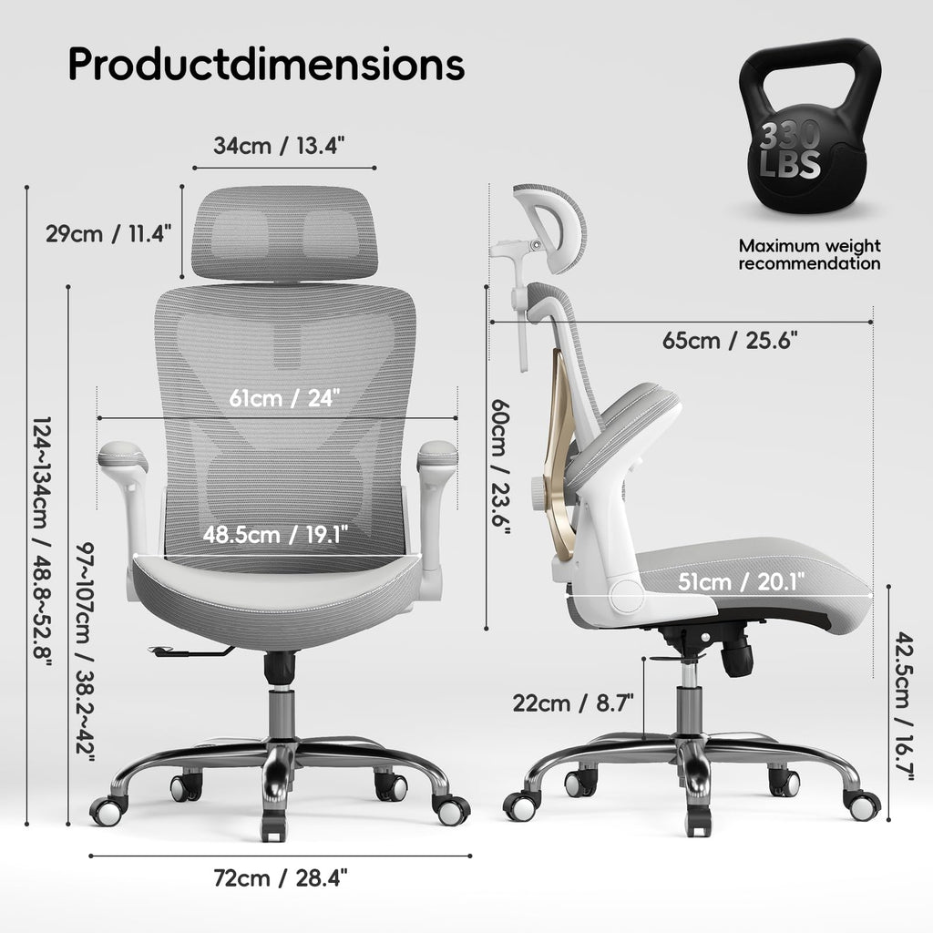 Ergonomic Desk Chair-Computer X-Shaped Chair Mesh PU Leather with Adjustable Lumbar Support-Executive Chair High Back with Headrest Flip-Up Arms for Long Hours
