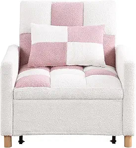 Pink Convertible Sleeper Chair, 3-In-1 Sleeper Chair Pull-Out Bed For Small Space, Soft Teddy Fabric, Sturdy Metal Frame