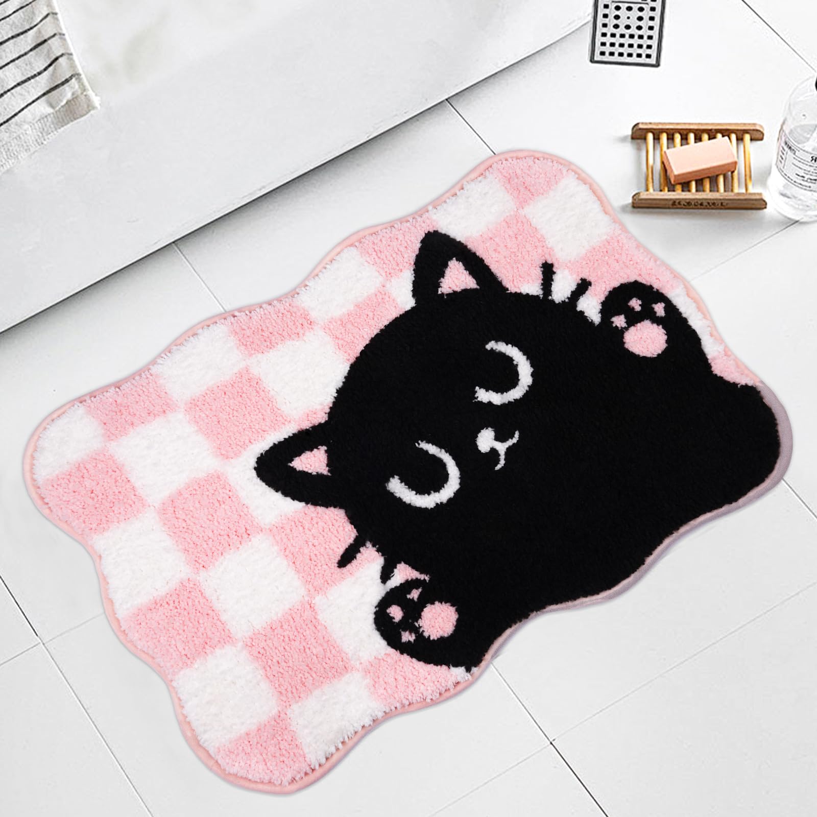 Pink Bathroom Rug - Cat Bath Rugs,Soft and Absorbent,Non Slip Cute Bath Mat for Shower Tub Bedroom,24" x 16"