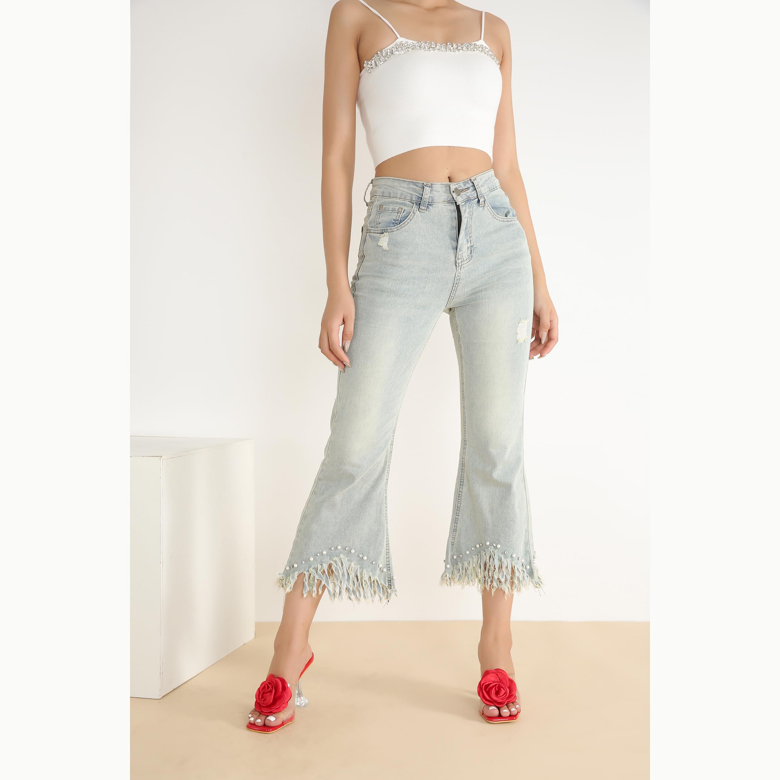 Women Flowers High Heels Mules Sandals Square Toe Slip On Sandals