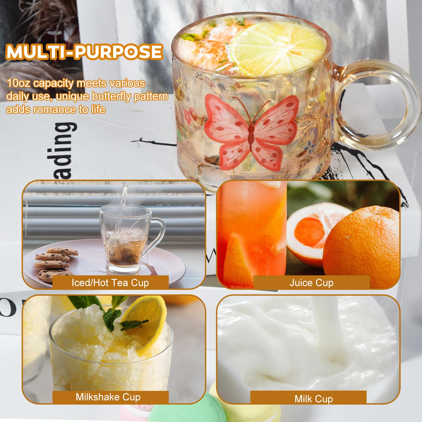 Glass Butterfly l Mugs, 10oz lUnique Glass Cup with Handle
