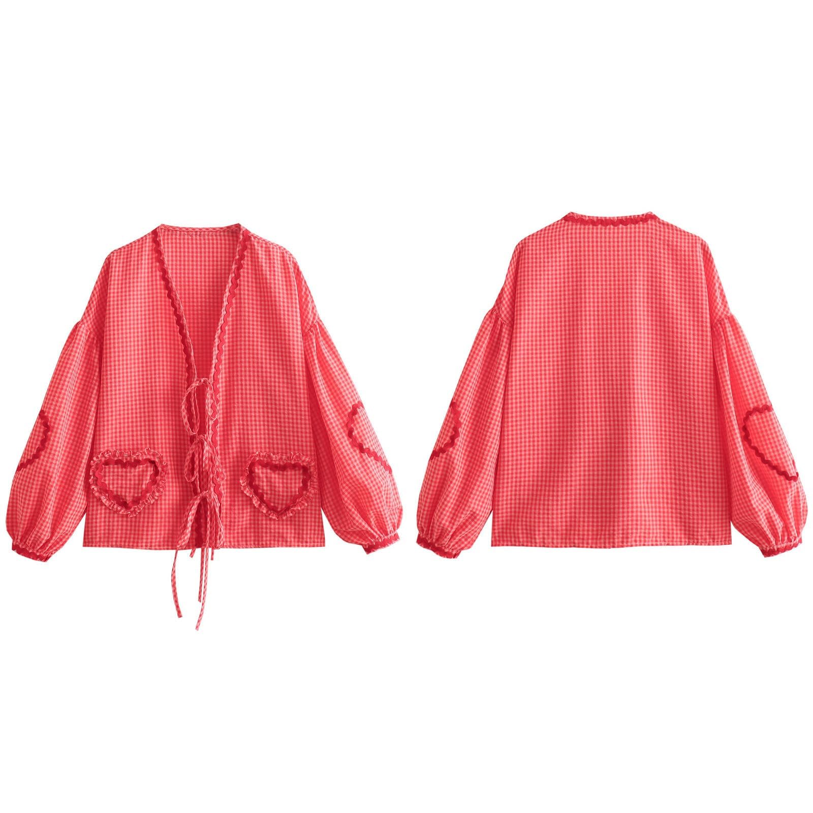 Tie Front Tops for Women Gingham Babydoll Bow Top Puff Sleeve Coquette Tops Heart Long Sleeve Cute Spring Tops