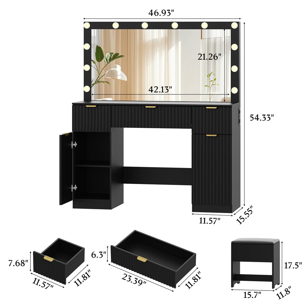 Makeup Vanity Desk with Mirror, Fluted Panel, Large LED Mirror, 3 Lighting Modes & Adjustable Brightness, Charging Station, Dressing Table with Stool
