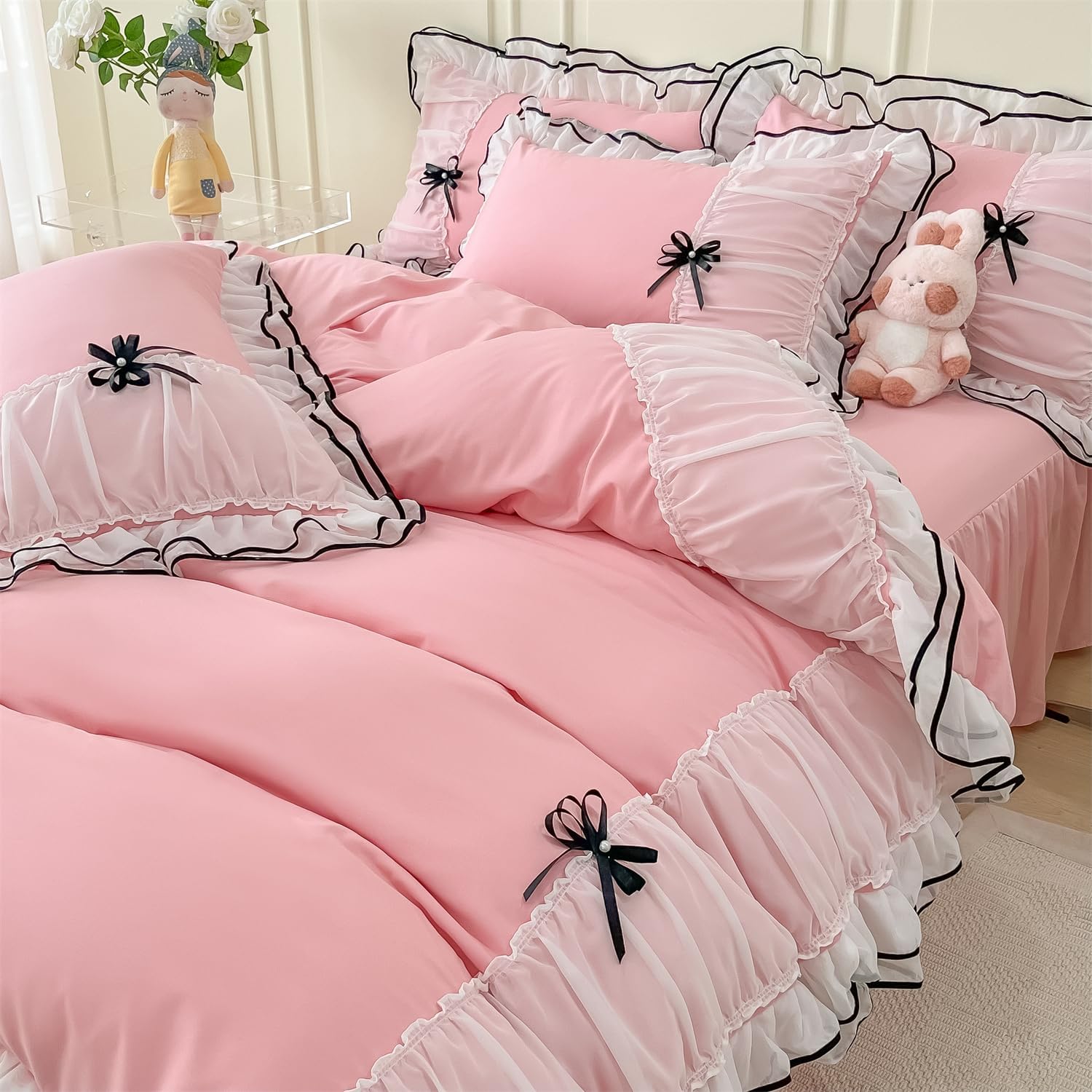 Duvet Cover Ruffle Beddding Set with Bowtie - 3 Pieces Comforter Cover Set with Zipper Closure & Pillowcase - Comforter Not Included