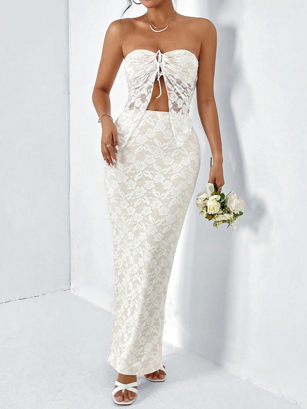 Women's 2 Piece Skirt Sets Lace Strapless Bandeau Tube Top and Bodycon Long Maxi Skirt Outfits