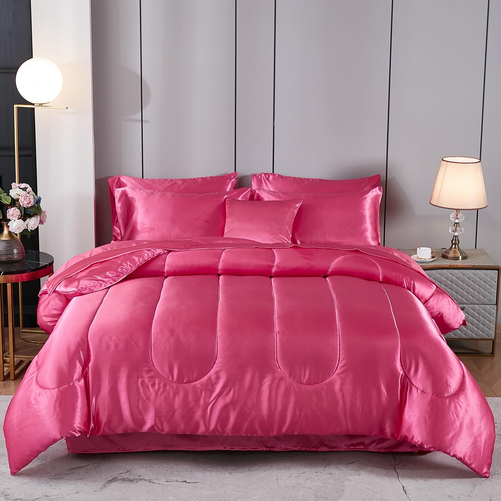 Satin Comforter Set with Sheet Set Full Silk Like Hot Pink Bed in a Bag Luxury Silky Bedding with 1 Comforter, 1 Flat Sheet, 1 Fitted Sheet, 4 Pillowcases, 1 Cushion Cover (Full, Hot Pink)