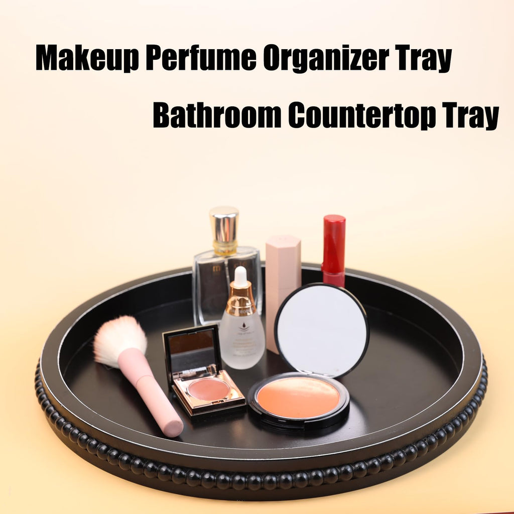 Round Wood Decorative Ottoman Tray for Coffee Table Kitchen Counter, Living Room, Handcrafted Wooden Serving Tray for Table Centerpiece