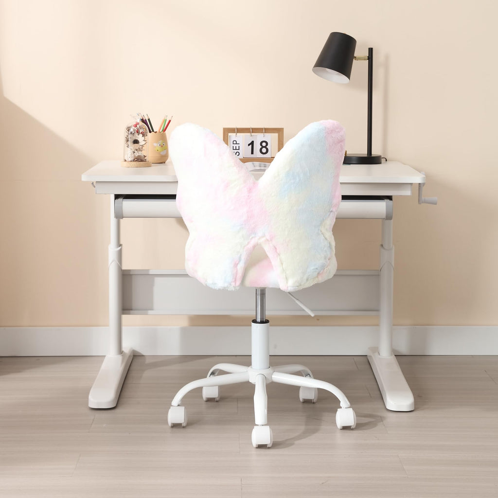 Kids Desk Chair Butterfly Faux Fur Study Chair Adjustable Vanity Chair, Small Cute Student Task Chair with White Foot
