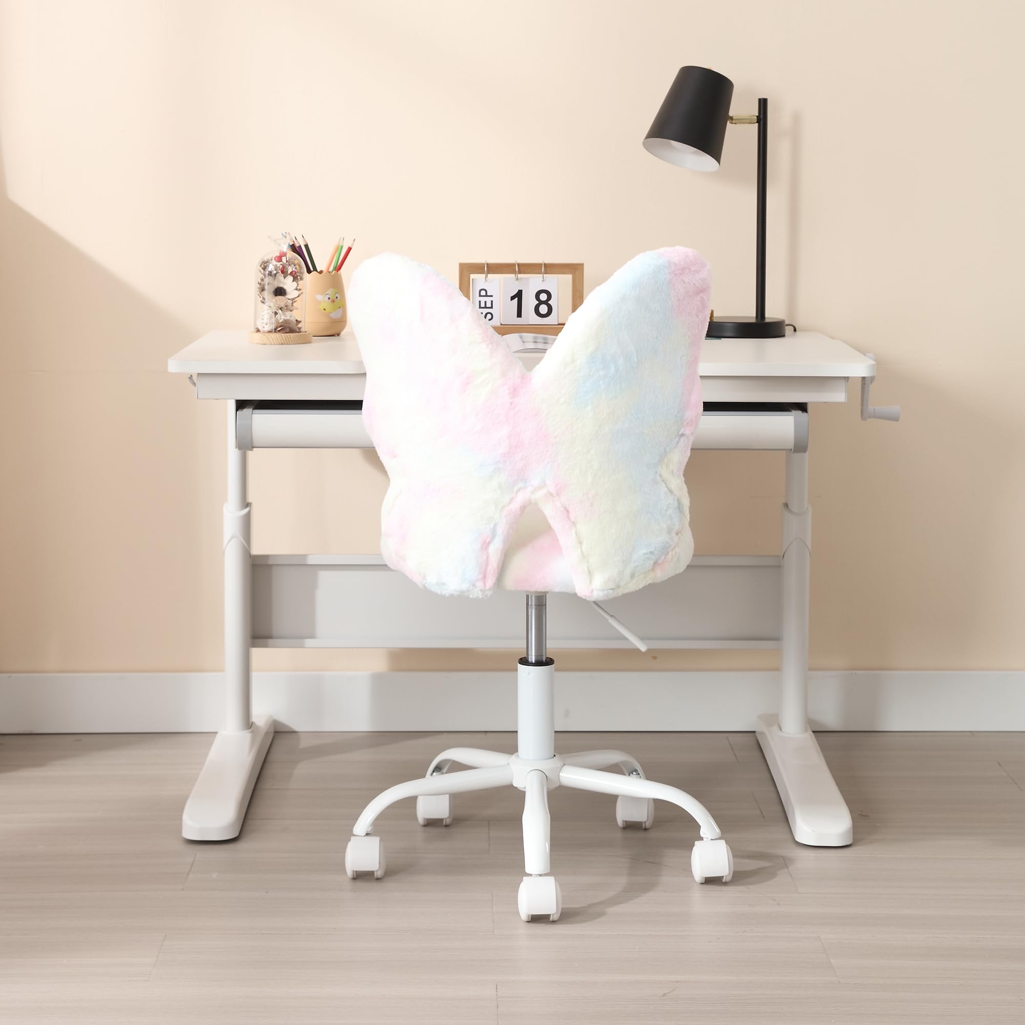 Kids Desk Chair Butterfly Faux Fur Study Chair Adjustable Vanity Chair, Small Cute Student Task Chair with White Foot