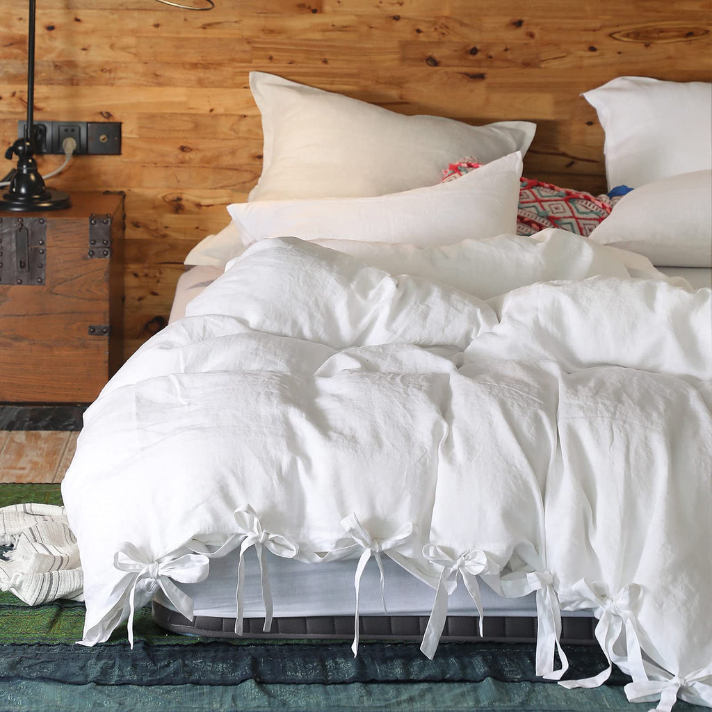 The 100% Linen Duvet Cover Set, 3 Pieces Belgian Flax Breathable Bedding,(1 Comforter Cover+2 Pillowshams) with Tie Closure Style