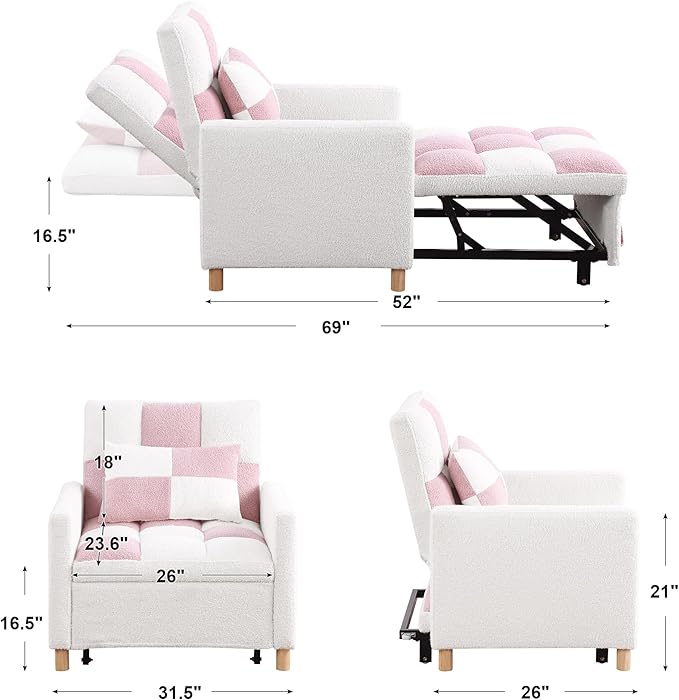 Pink Convertible Sleeper Chair, 3-In-1 Sleeper Chair Pull-Out Bed For Small Space, Soft Teddy Fabric, Sturdy Metal Frame