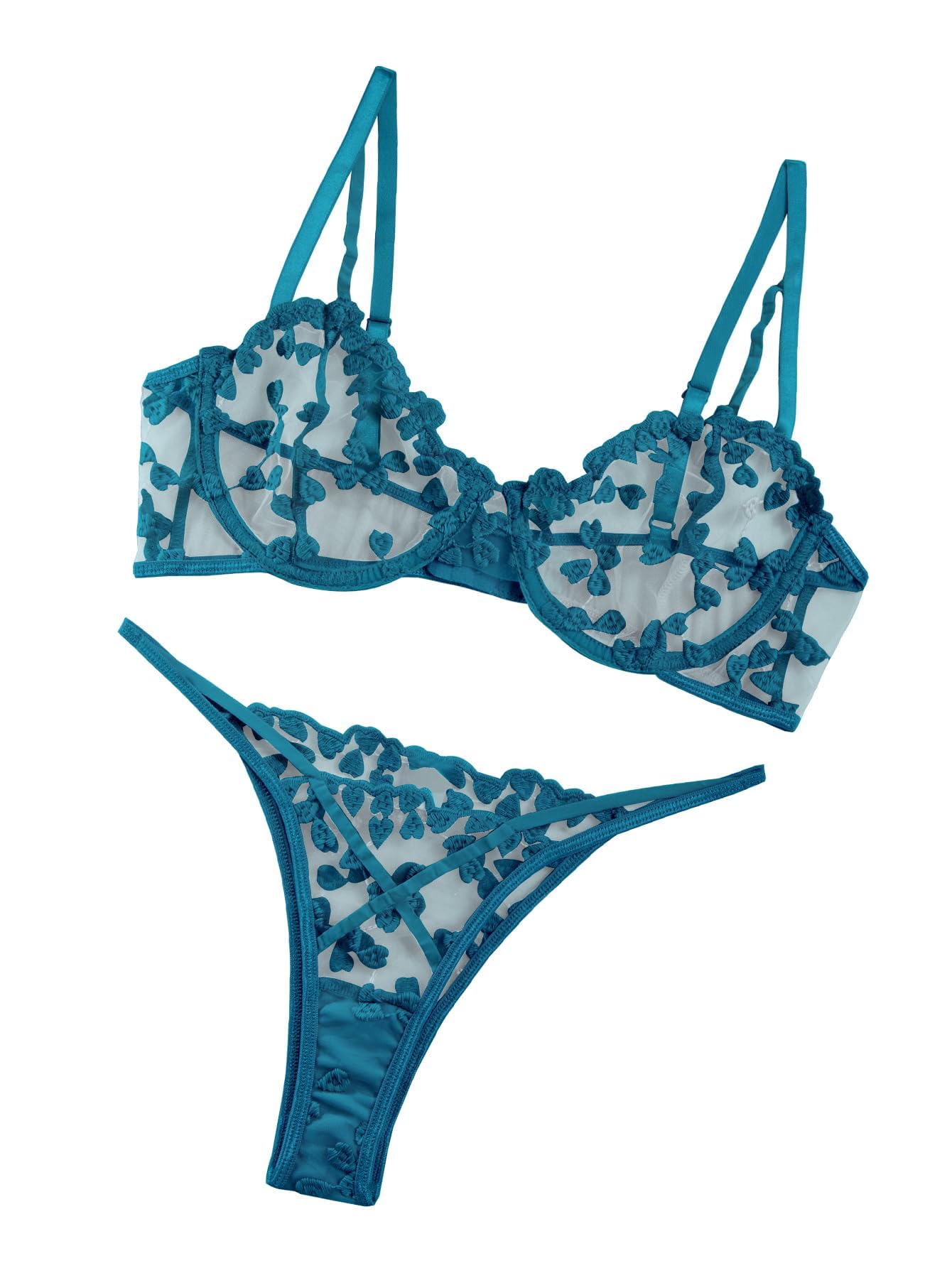 Sexy Embroidered Mesh Lingerie Set â€?Sheer Strappy Push-Up Bra & Panty