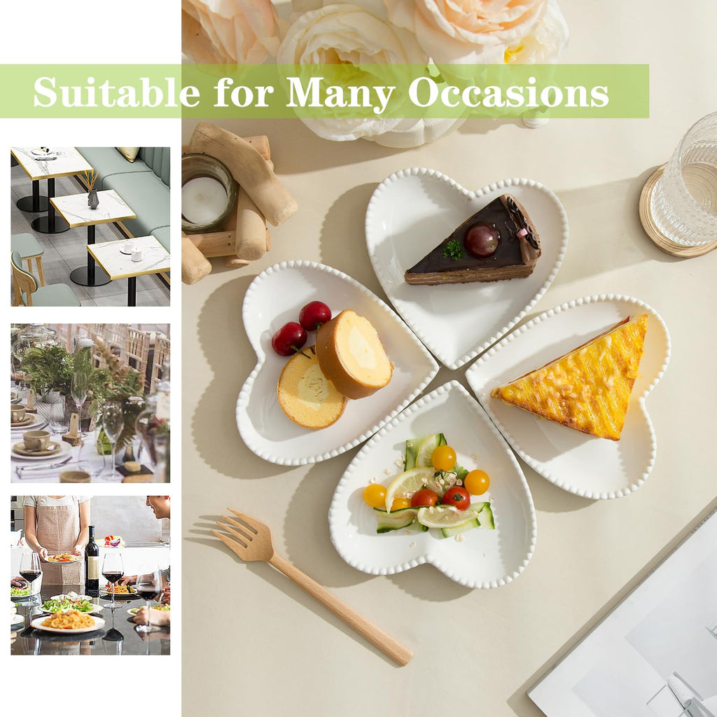 Porcelain Dessert Plates Set of 8, Heart Shaped Appetizer Plates, White Salad Dinnerware Set, White with Pearl Dots 7.5 Inch