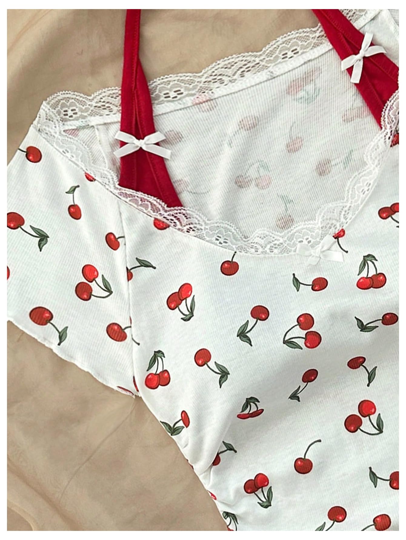 Women's Cherry Print Lace Trim Tee Shirt Halter Neck Short Sleeve Crop Tops