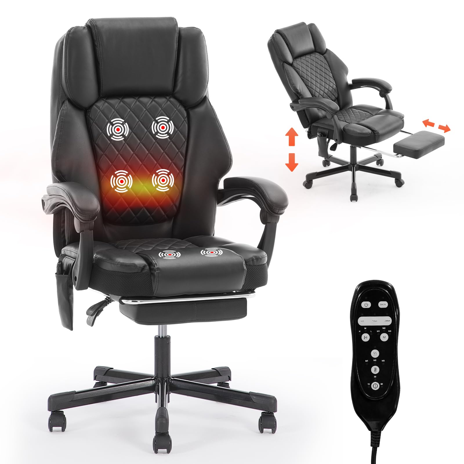 Massage Office Chair with Heat 6 Vibration Points, High Back & Heat, Executive Desk Chair, Big and Tall Office Chair 400lbs, Comfortable Ergonomic Reclining Managerial Chair