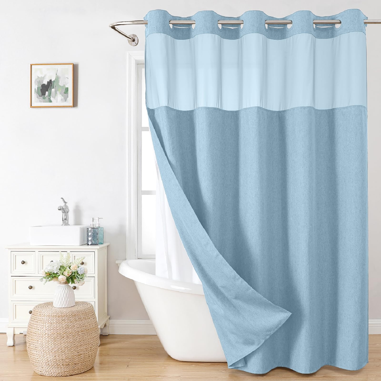 No Hooks Needed Linen Textured Shower Curtain with Snap-in Fabric Liner Set, Luxury Decor Shower Curtains for Bathroom with Mesh Top Window, Waterproof & Washable