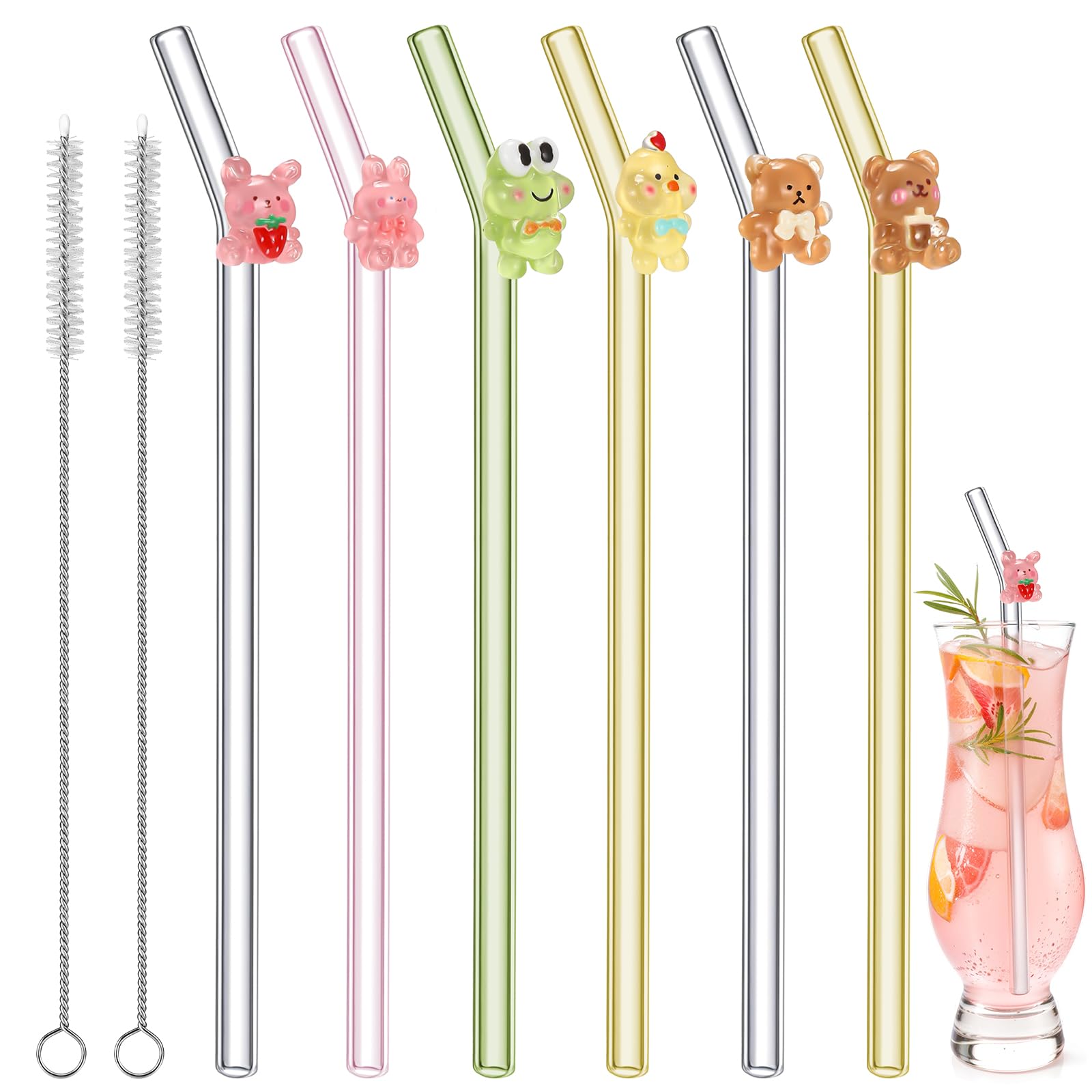 Reusable Glass Straw with 2 Cleaning Brush, Charm Cute Colorful Pattern Sticky Reinforced Glass Shatter Resistant Straw 6 Pcs