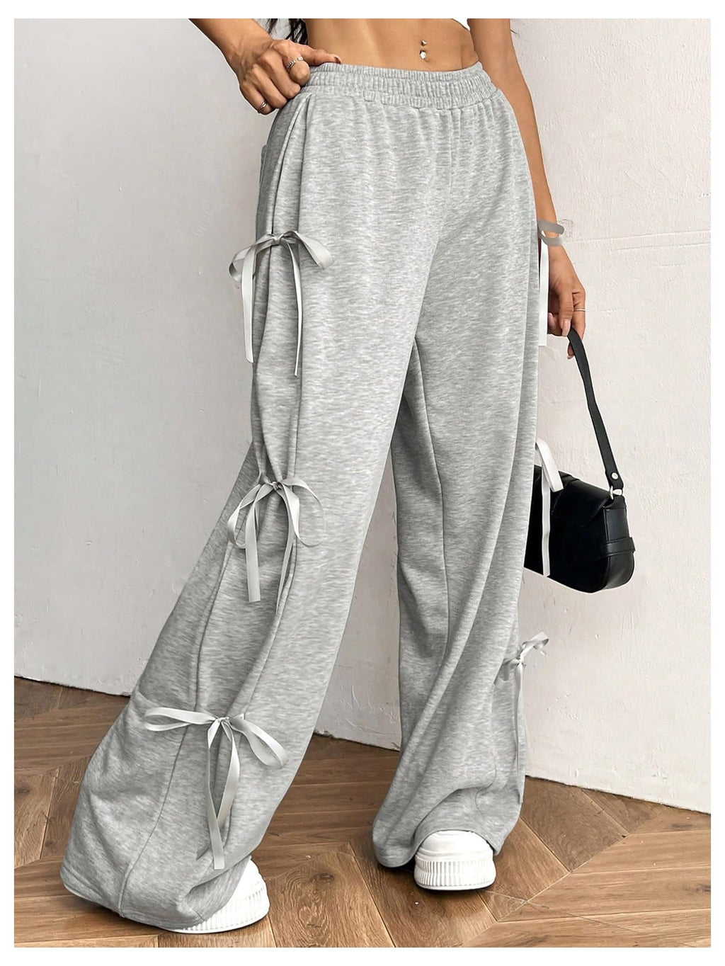 Women's Bow Wide Leg Sweatpants Elastic Waist Casual Baggy Pants with Pocket