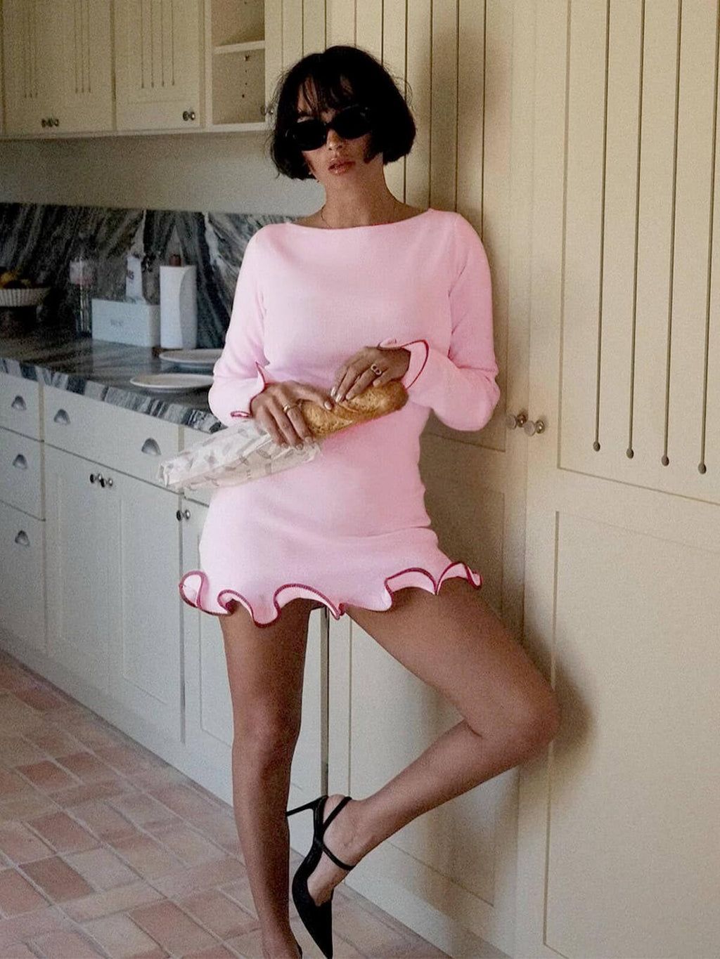 Womens Ruffle Long Sleeve Mini Bodycon Boat Neck Ribbed Knit Sweater Dress