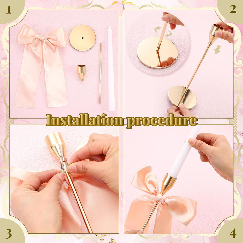 Gold Candlestick Holders with Stain Bow and Long Candles Metal Taper Candle Holders Champagne Pink Satin Bow Coquettish Decor