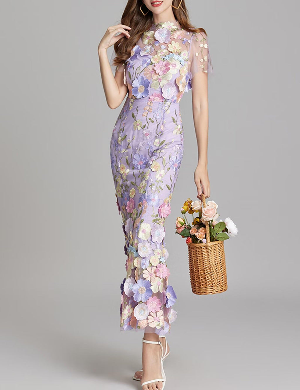 Women's 3D Floral Embroidery Dress Sheer Mesh Round Neck Lace Bodycon Party Cocktail Maxi Dress Short Sleeves