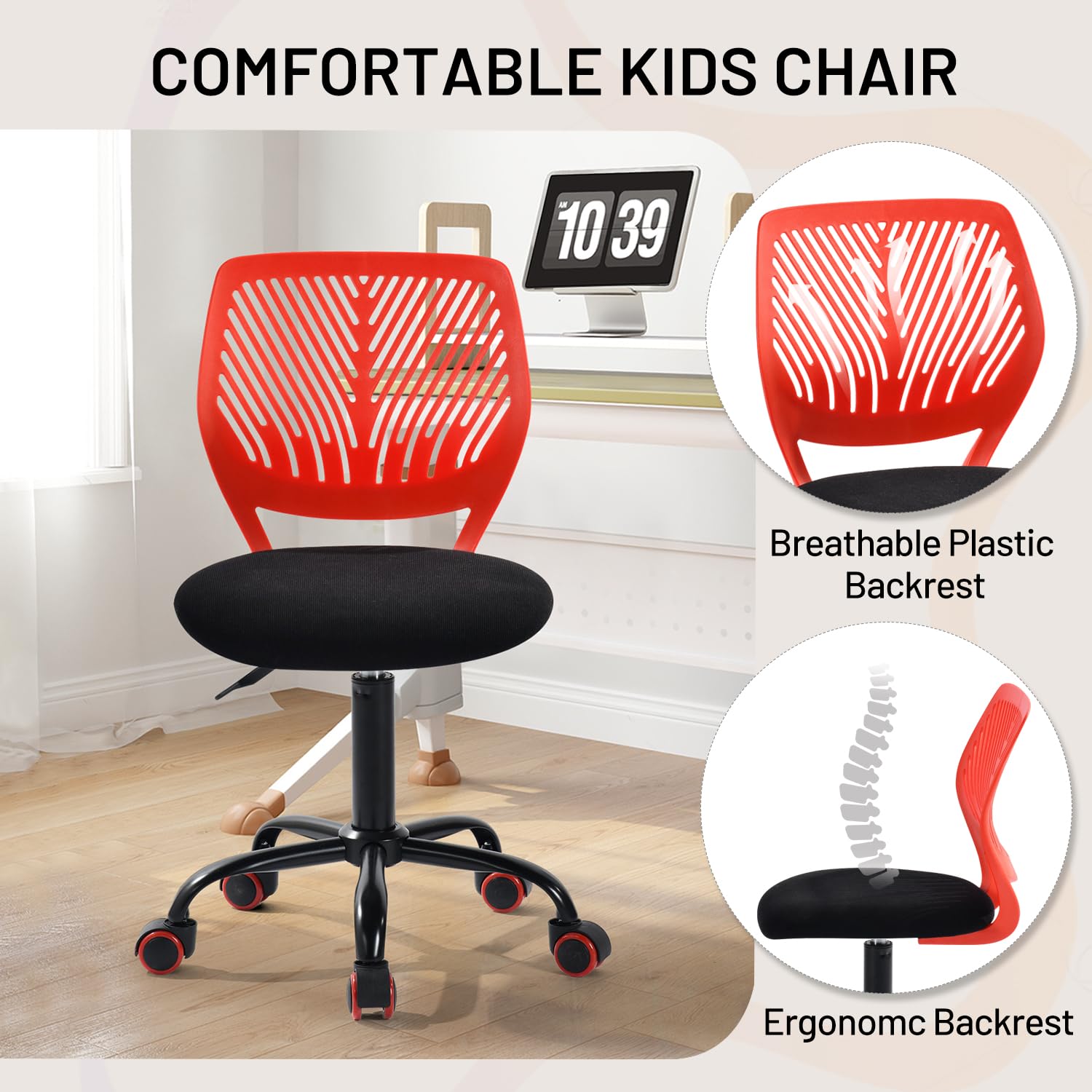 Study Desk Chair Armless Cute, Ergonomic Small Swivel Adjustable Rolling Lightweight Task Chair with Wheels and Mesh Padded Cushion