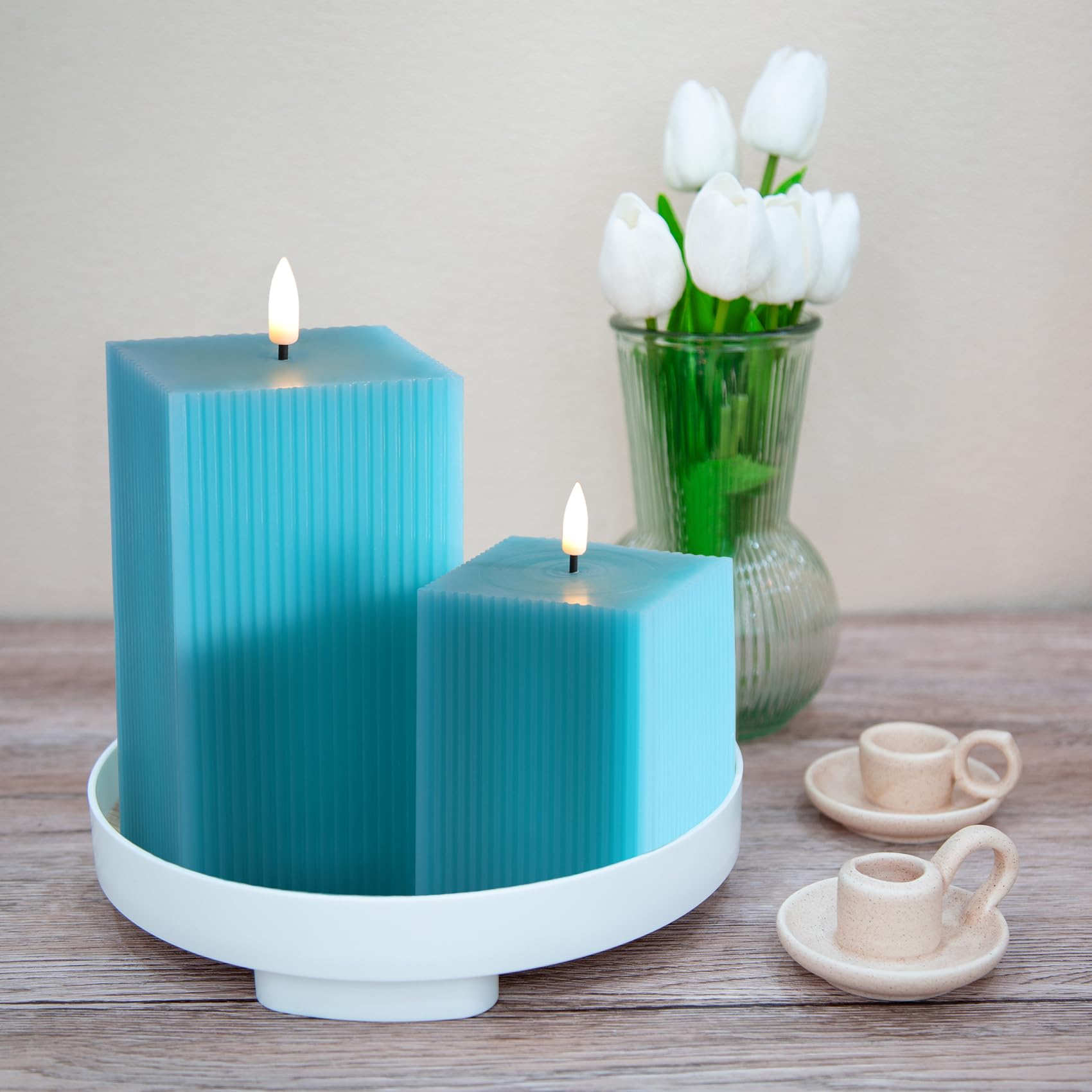 Square Ribbed Flameless Candles with Remote, Flickering Real Wax Battery LED Candles 3" H 4" 6"