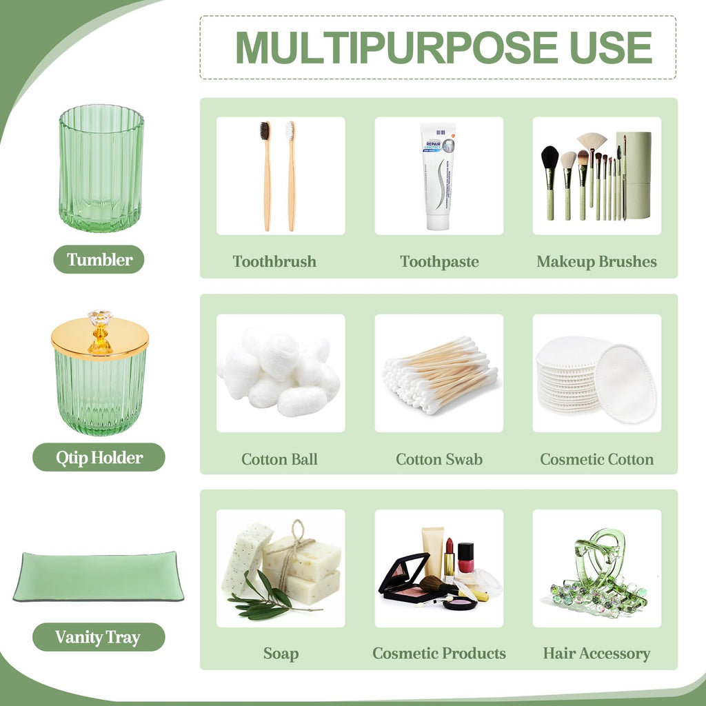 Glass Bathroom Accessories Set 4PCS Bathroom Accessories Set with Soap Dispenser Toothbrush Holder Qtip Holder & Vanity Tray