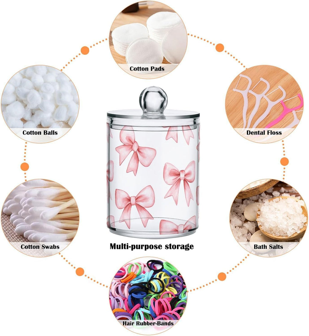 Pink Bow-knot, Cotton Swab Dispenser with Lid Bathroom Containers Canister Organizer Storage Jar 2 Pack