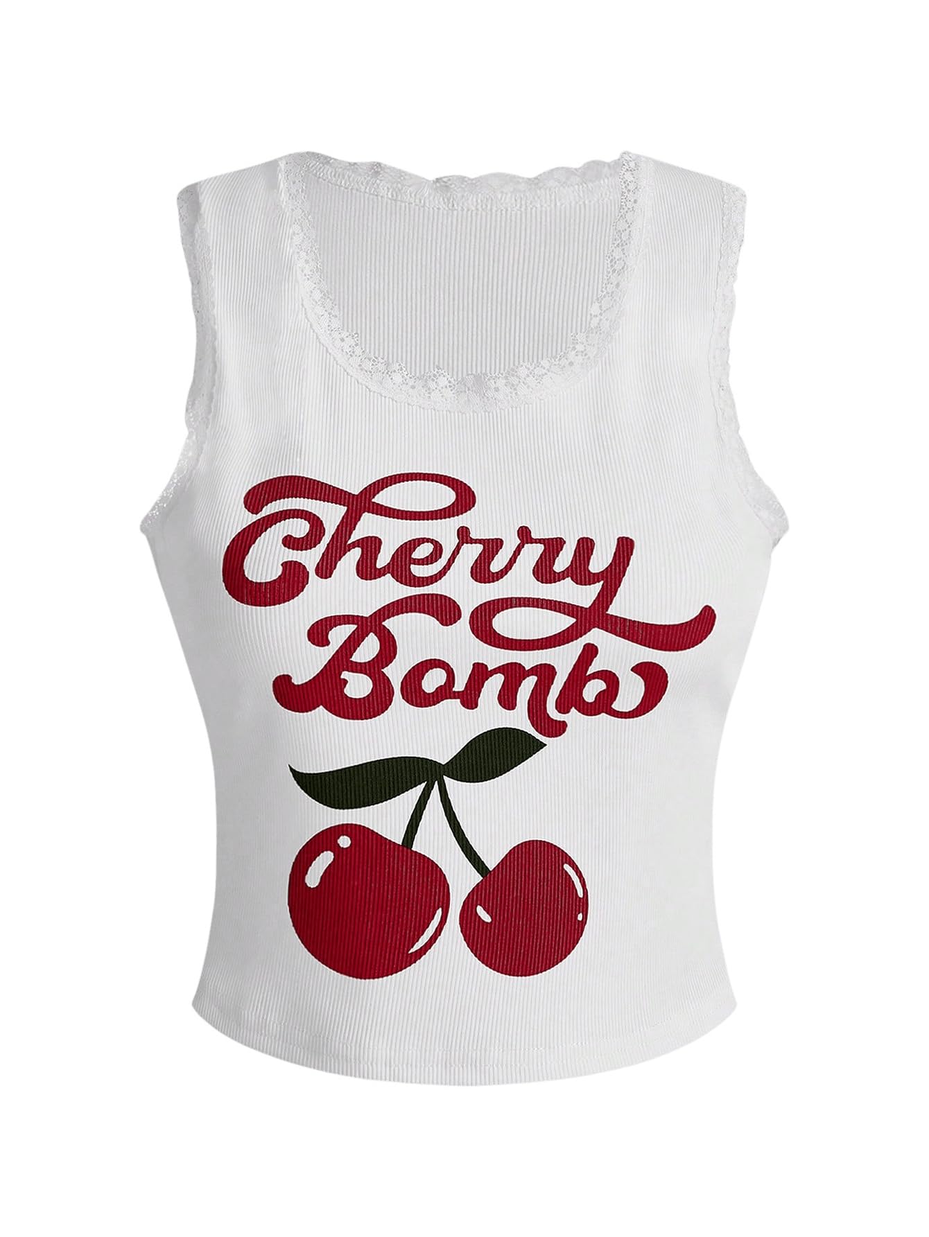 Women's Crewneck Letter Cherry Print Lace Tank Top Rib Knit Vest Top