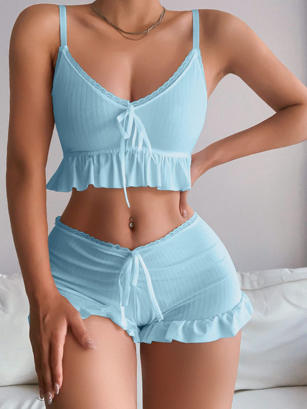 Women's 2 Piece Lingerie Set Pajama Sets Ruffle Trim Tie Front Cami Top and Shorts Sleepwear
