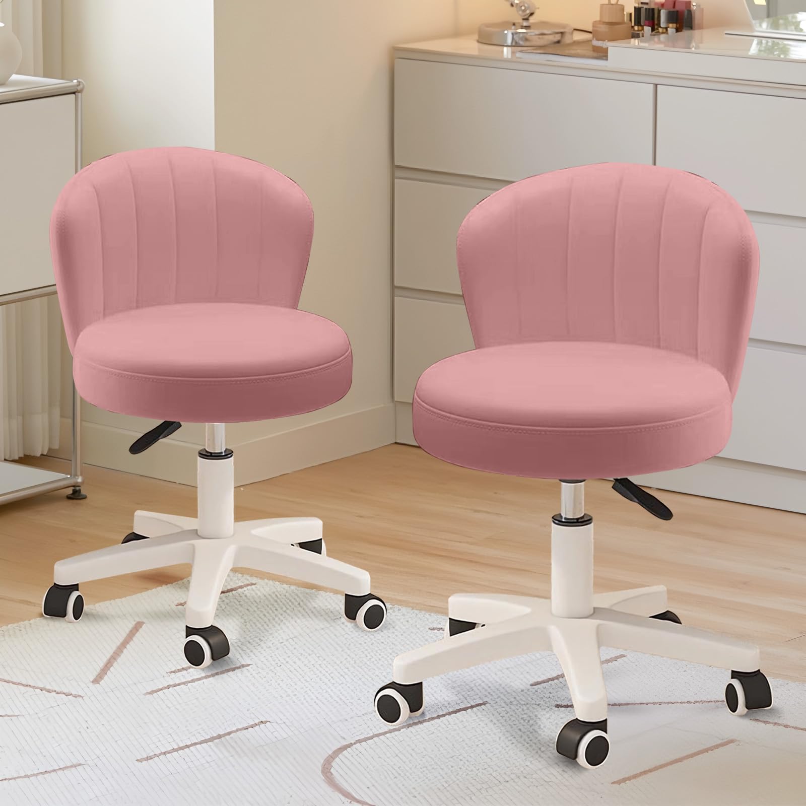 Small Desk Chair Round Rolling Chair with Back PU Leather Height Adjustable Swivel Vanity Work Computer Stool Chair