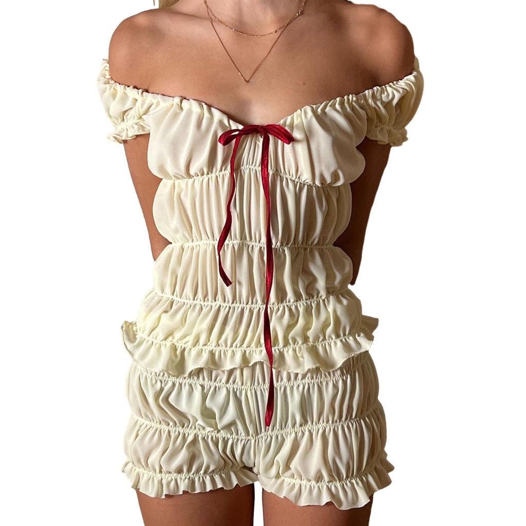 Cute 2 Piece Skirt Sets for Women Ruffle Short Sleeve Tie Up Crop Top & Elastic Waist Pleated Mini Skirt Set Y2K Outfit