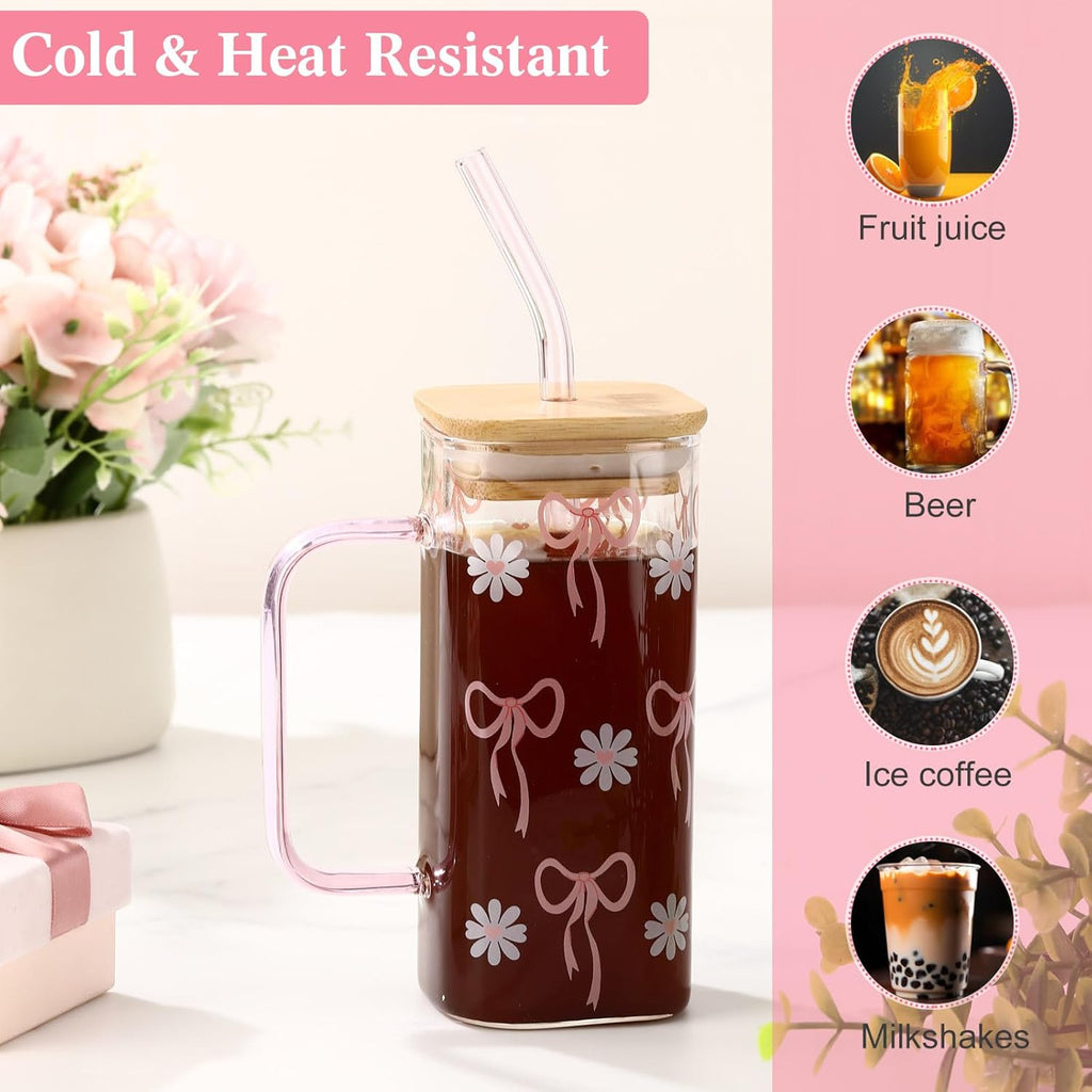 Coquette Pink Bow Glass Cup with Bamboo Lid and Straw for Women, 13. 5oz Coquette Aesthtic Drinking Tumbler Bow Square Cup with Handle