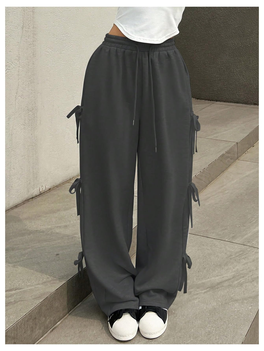 Women's Side Bow Tie Straight Leg Sweatpants Drawstring Elastic Waist Loose Athletic Sports Pants