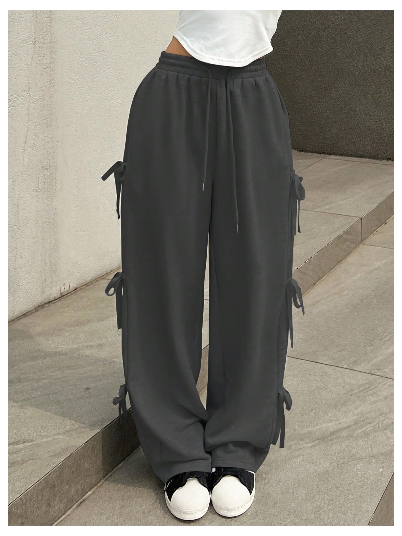 Women's Side Bow Tie Straight Leg Sweatpants Drawstring Elastic Waist Loose Athletic Sports Pants