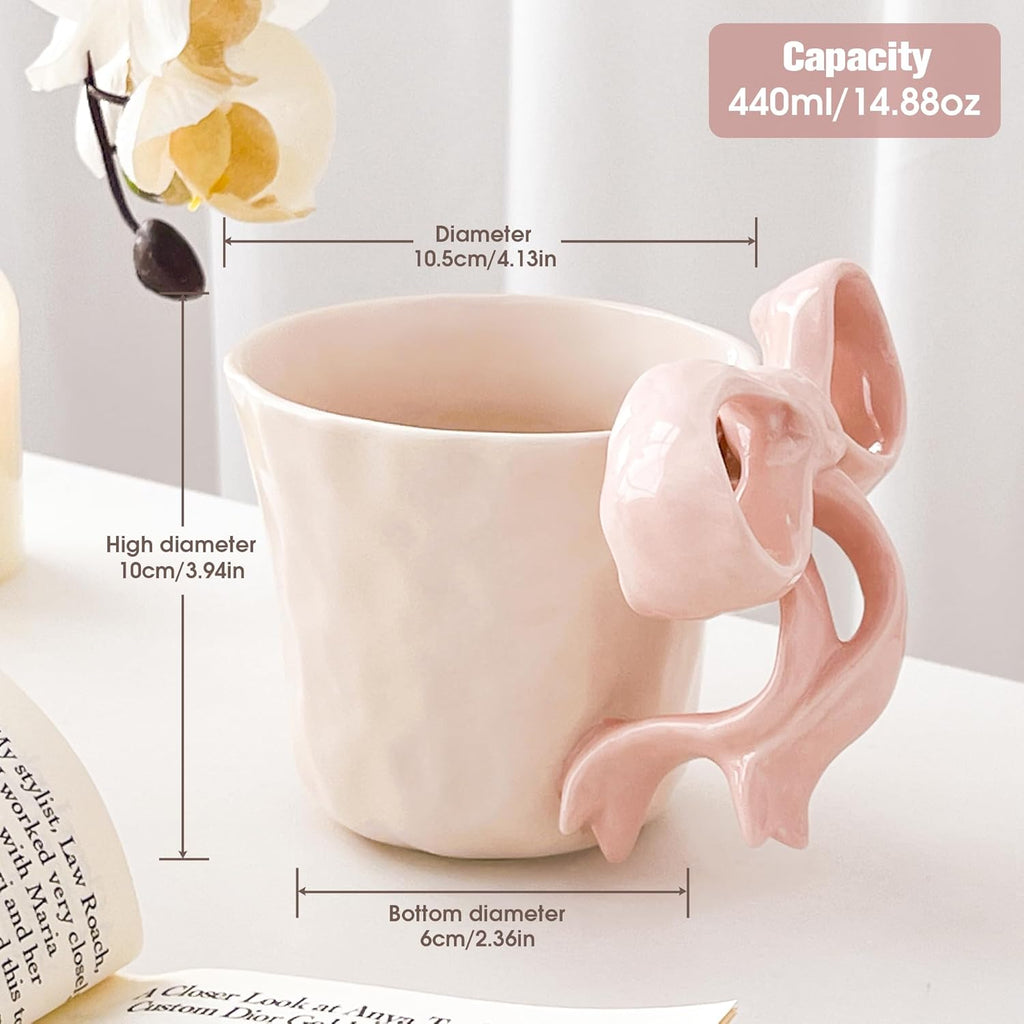 Ceramic Mug with Pink Bow Handle - Cute Girly Cup for 14oz/440ml, Handmade Kawaii Mug