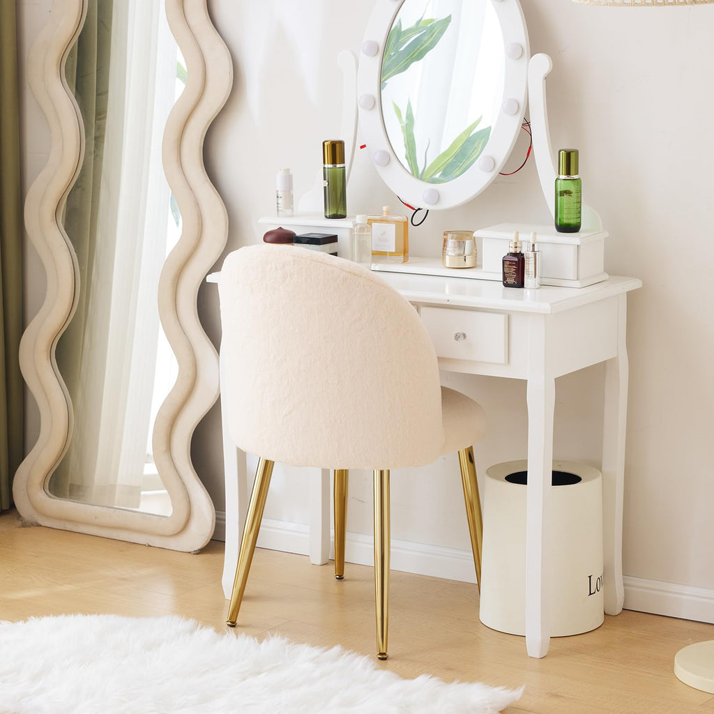 Cute, non-wheeled desk chair with backrest, fluffy cushion, cozy makeup chair with adjustable golden legs