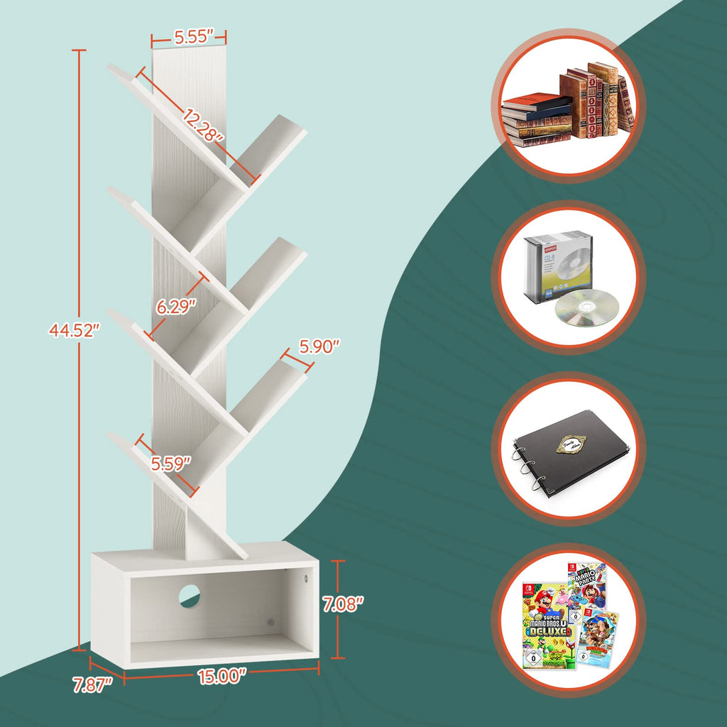 Tree Bookshelf - 6 Shelf Retro Floor Standing Bookcase, Tall Wood Book Storage Rack