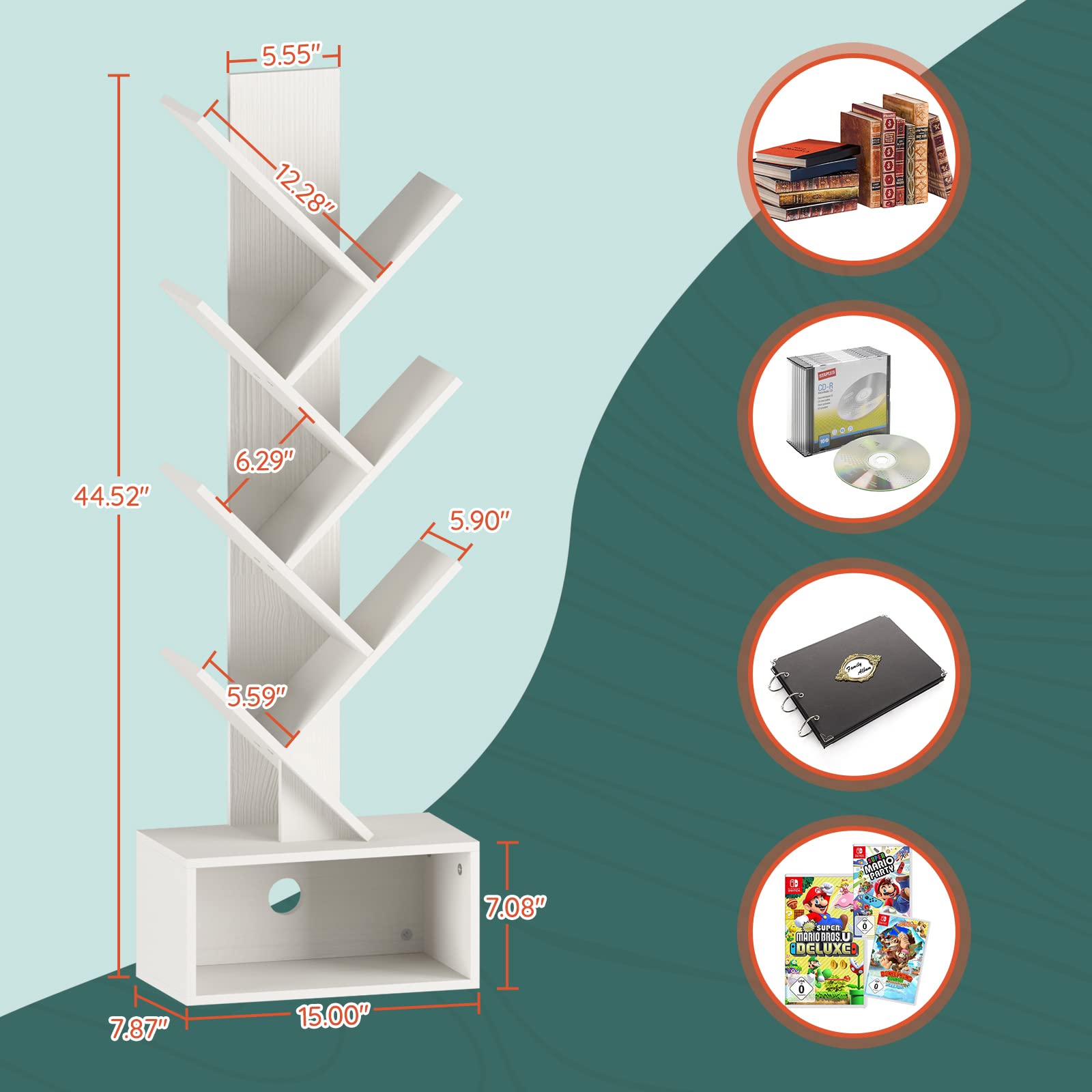 Tree Bookshelf - 6 Shelf Retro Floor Standing Bookcase, Tall Wood Book Storage Rack