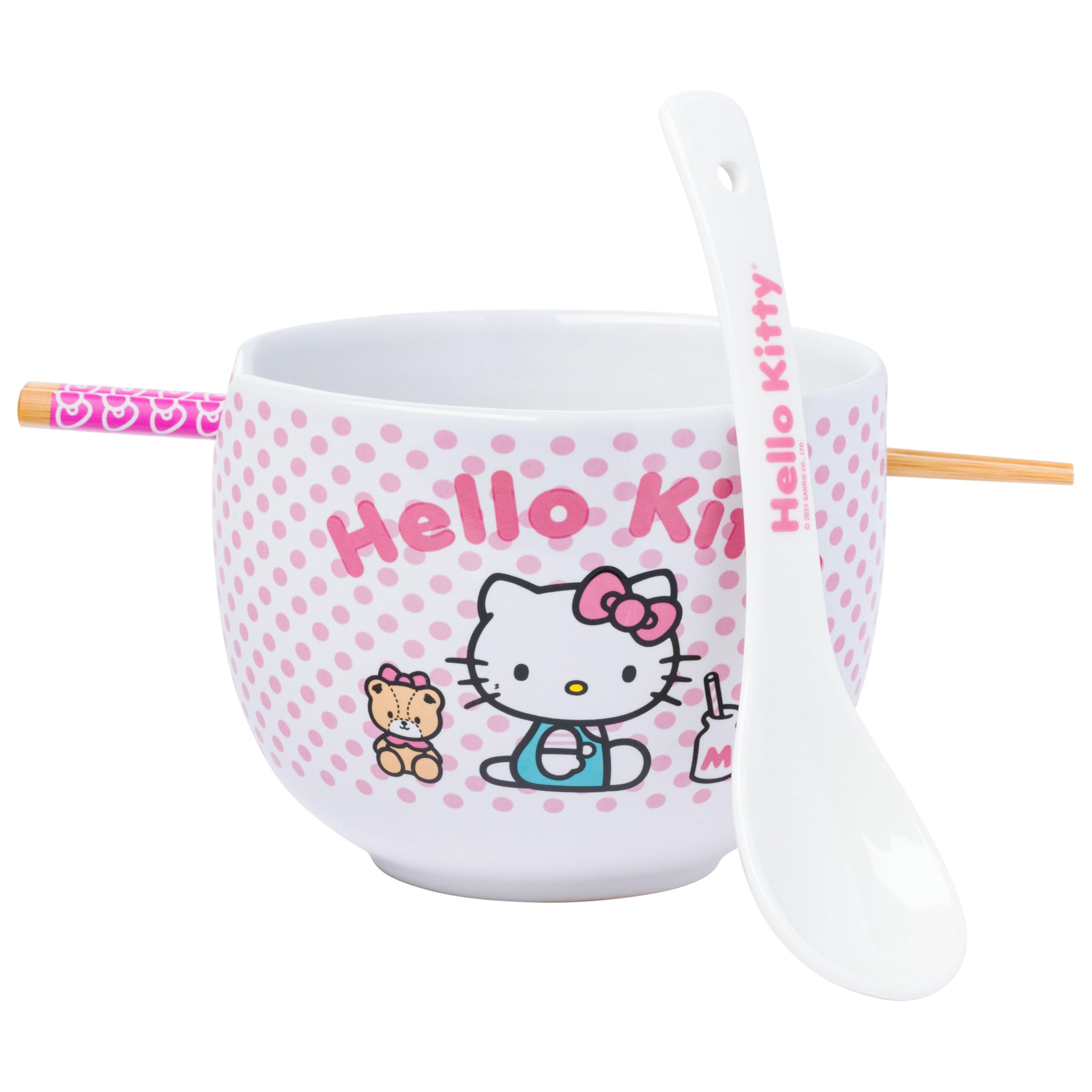 Ceramic Sanrio Hello Kitty Ramen Noodle Rice Bowl with Chopsticks, Microwave Safe